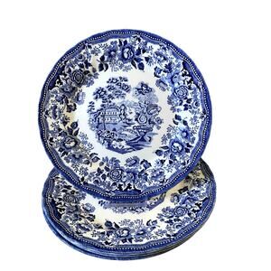 Queens England TONQUIN Porcelain Dinner Plates 10in Blue & White Set of 4 NEW